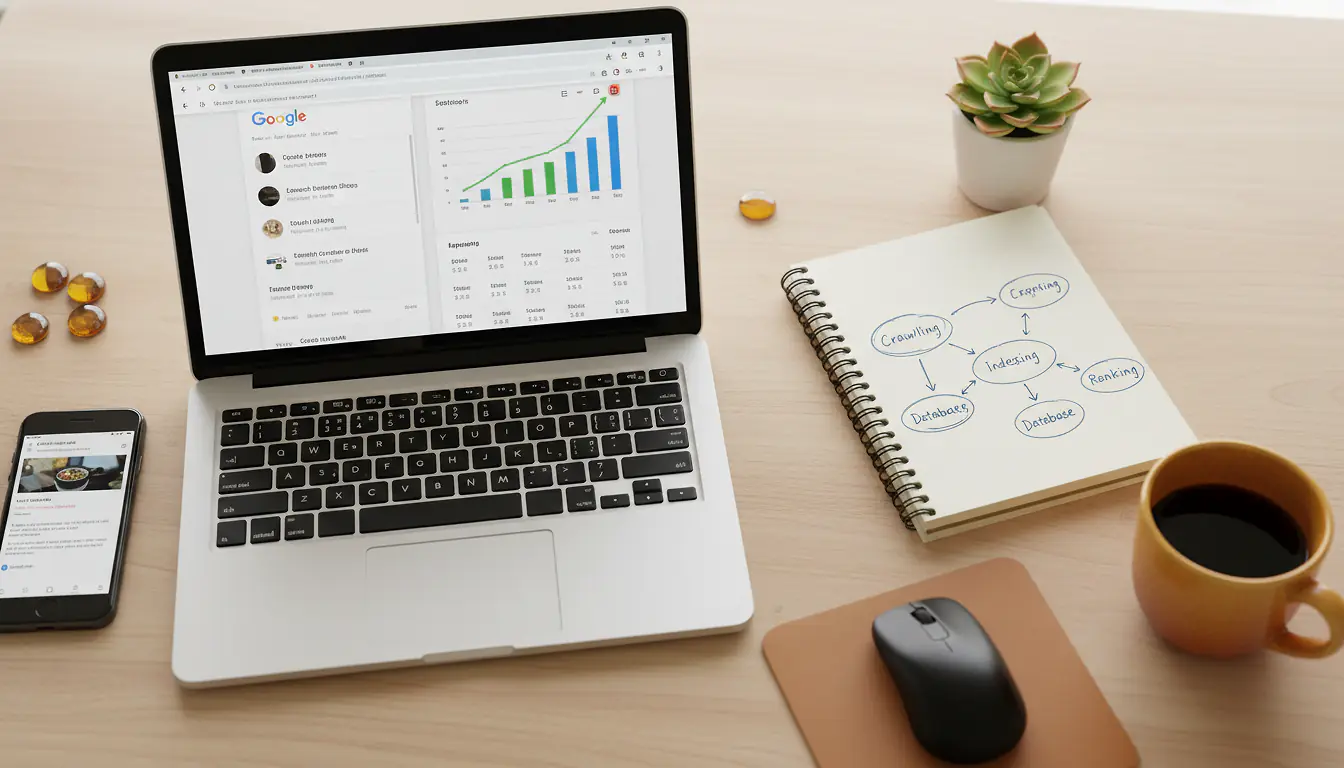 Poste de travail d'un consultant en référencement naturel : écran d'analyse des positions, schéma d'exploration et d'indexation des pages, ambiance chaude